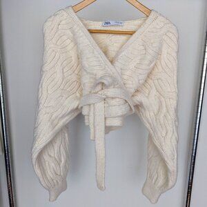 ZARA  Ivory Cable Knit Longsleeve Cropped Wrap Sweater Size SMALL Balletcore
